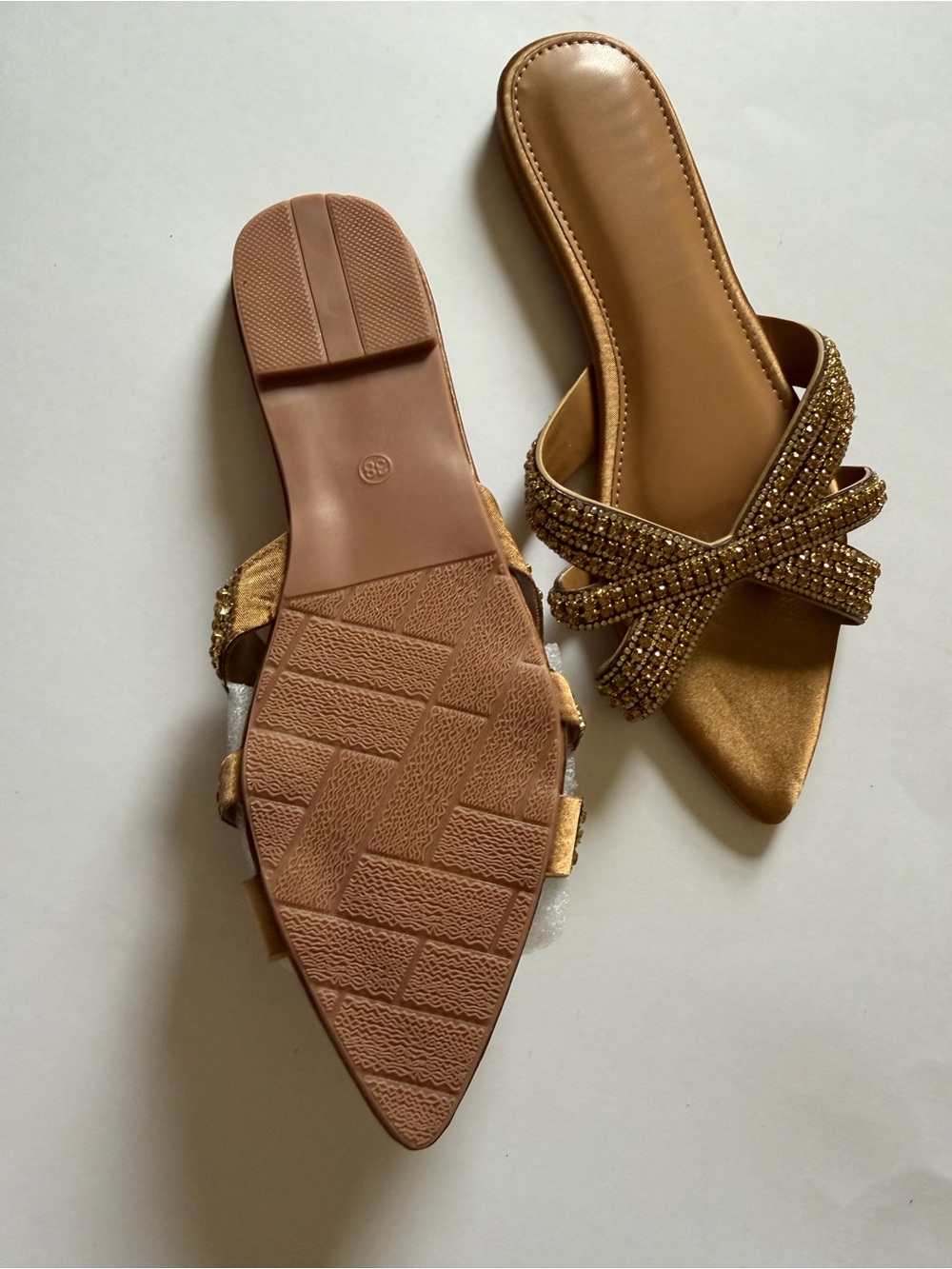 Women's Gold Beaded Pointed-Toe Slide Sandals